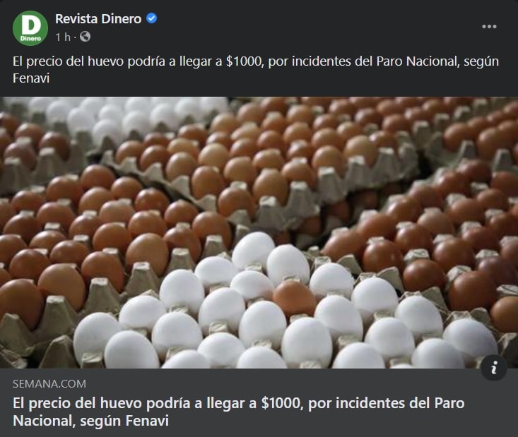 Semana tituló: "El precio del huevo podría a llegar a $1000, por incidentes del Paro Nacional, según Fenavi"