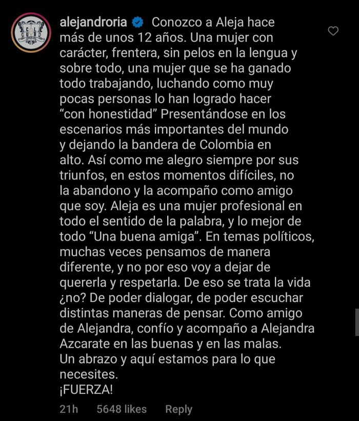 Mensaje de Alejandro Riaño a favor de Alejandra Azcárate