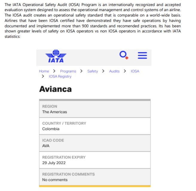Certificado IOSA de Avianca.