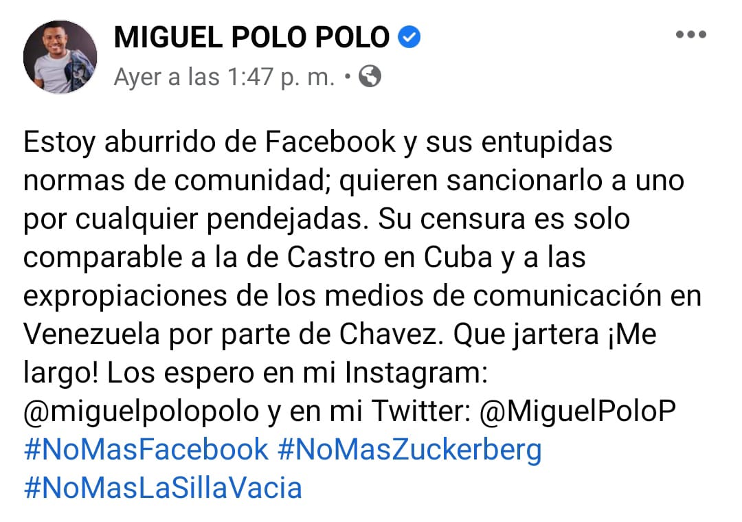 Miguel Polo Polo mensaje en Facebook.