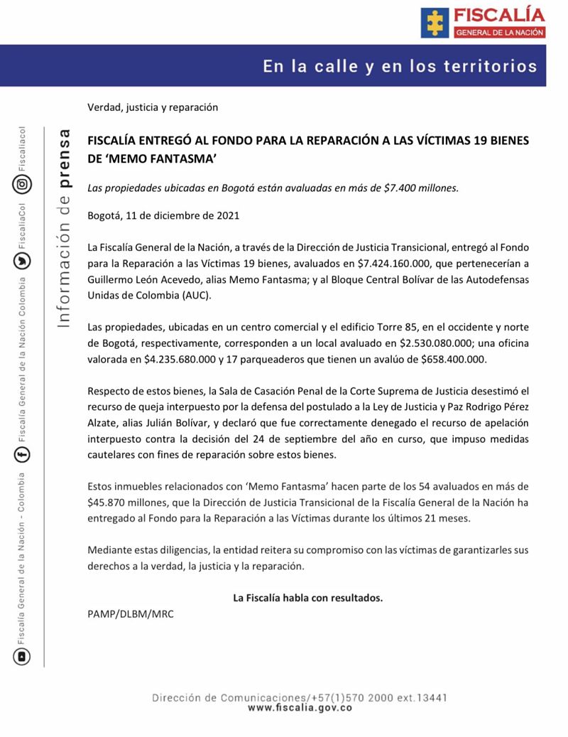 Comunicado de prensa Fiscalía Colombia