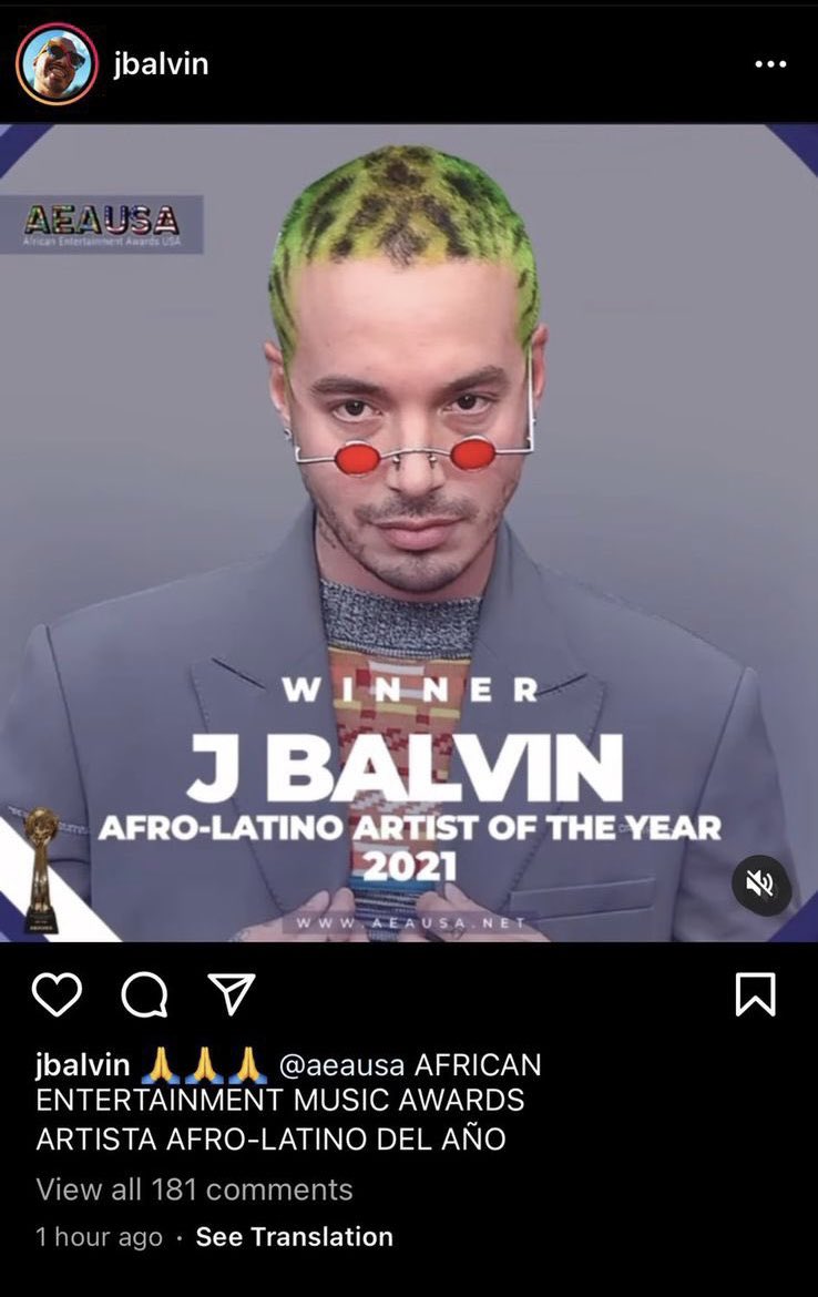 J Balvin nominado a artista afro-latino del año