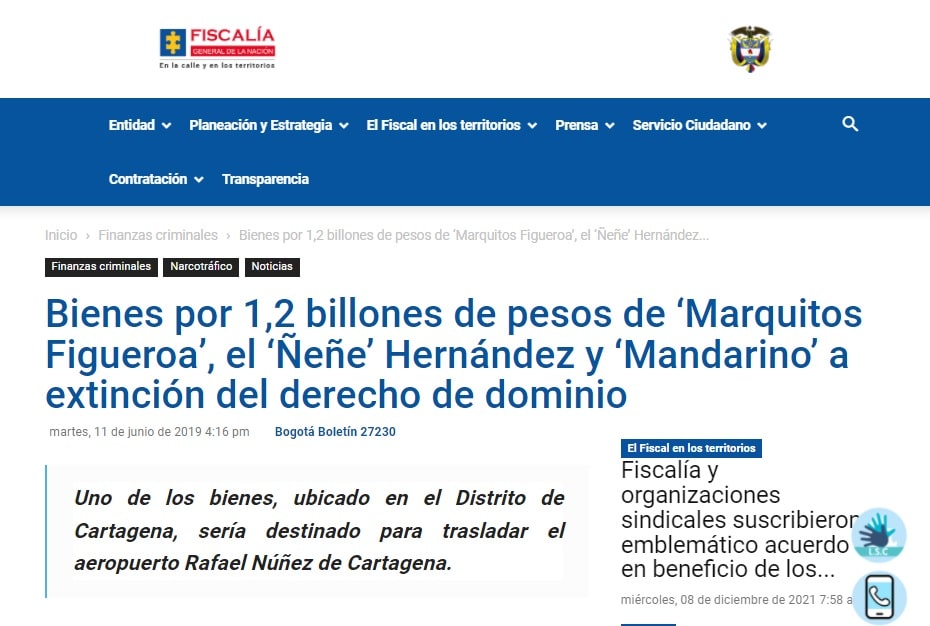 Noticia Fiscalía Colombia sobre bienes incautados al Ñeñe Hernández 11 de junio de 2019
