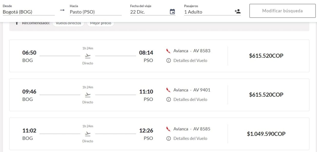 Vuelo Bogotá- Pasto por trayecto, tiquetes que superan $1 millón de pesos. Créditos: Avianca.
