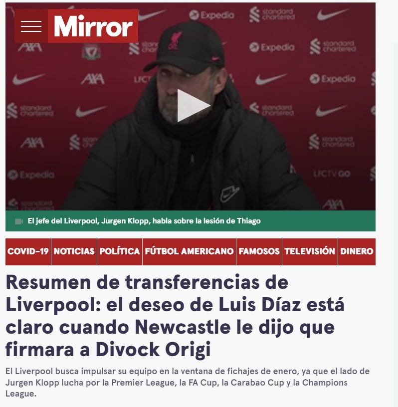 Luis Díaz al Liverpool, prensa extranjera afirma el fichaje