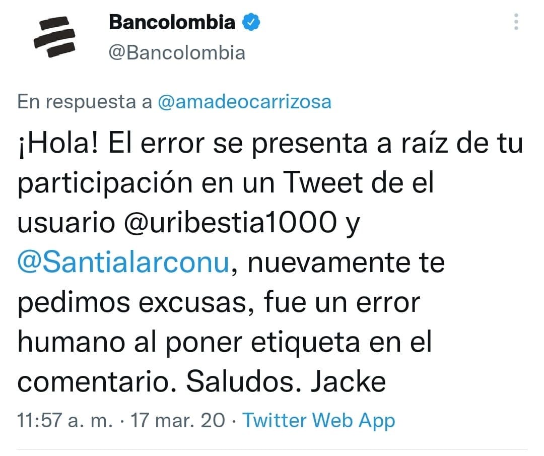 Respuesta de Bancolombia ante el mensaje antiuribista