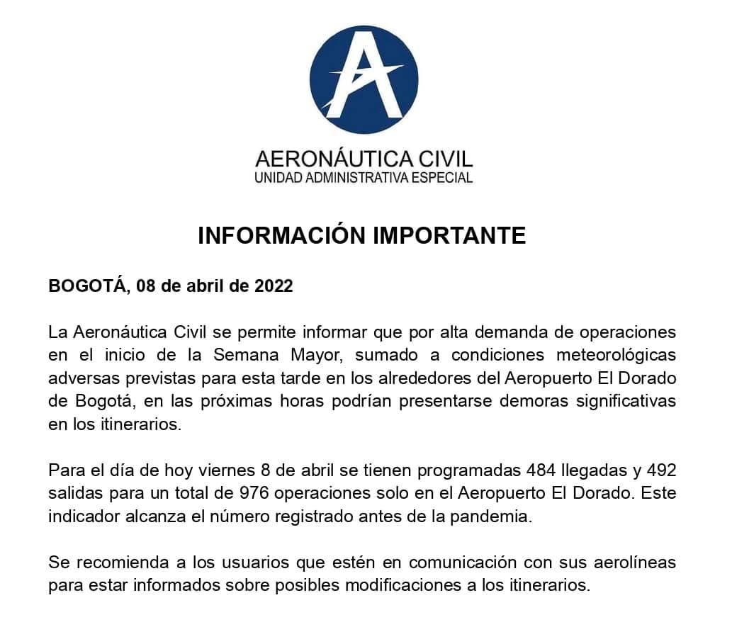 Comunicado de la Aeronáutica Civil de Colombia para la Semana Mayor de 2022