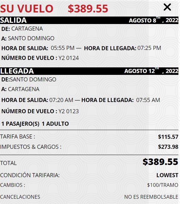 Cotización vuelo ida y regreso desde Cartagena a Santo Domingo. Créditos Air Century