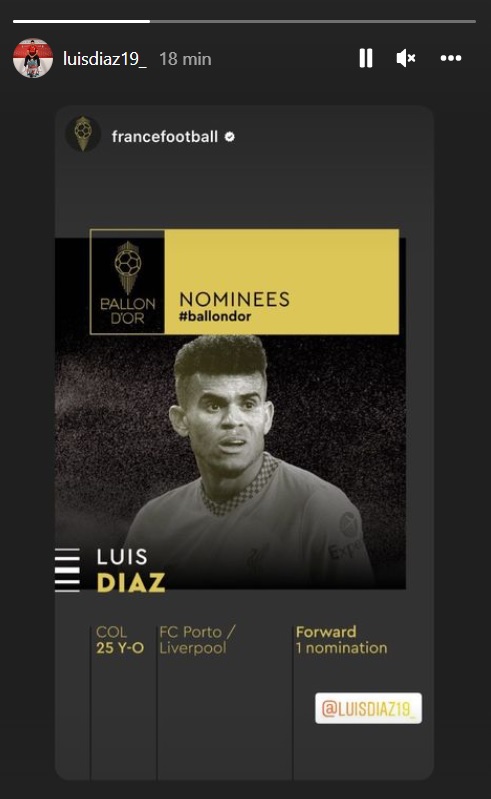 Luis Díaz comparte su nominación como mejor jugador del mundo 2022