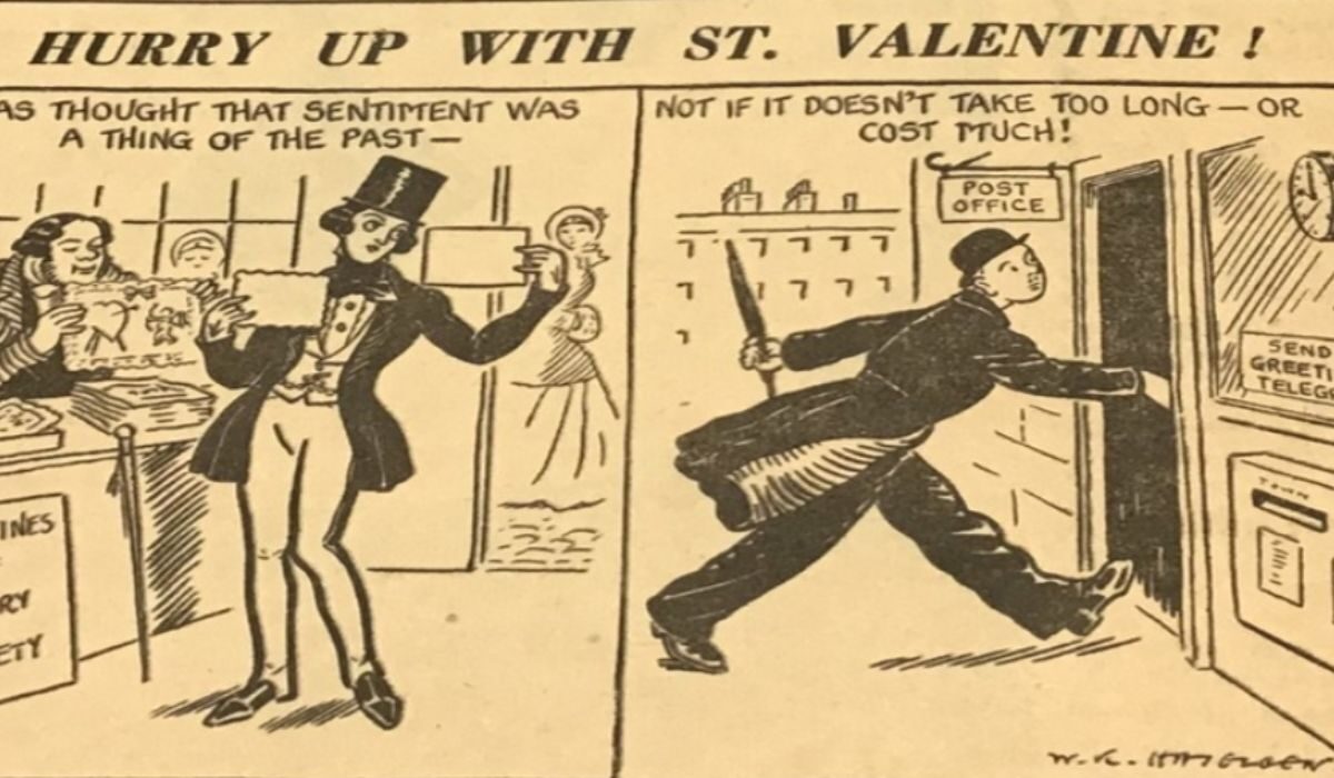 Un recorte de periódico de la década de 1930 que anuncia el servicio Telegram del Día de San Valentín