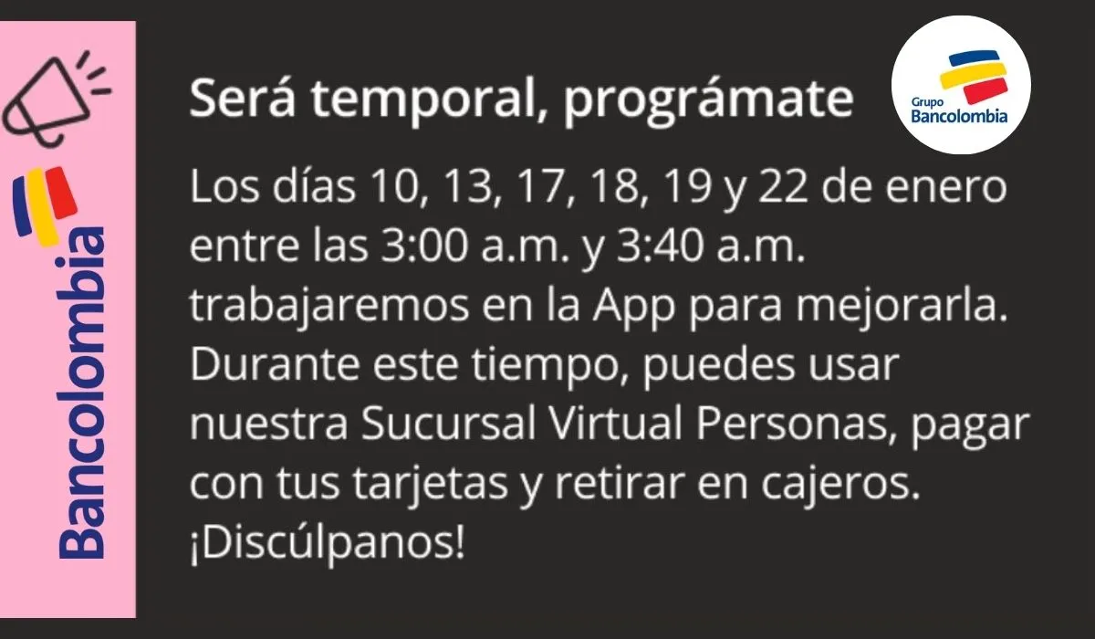 Bancolombia realizará 6 mantenimientos en enero de 2024