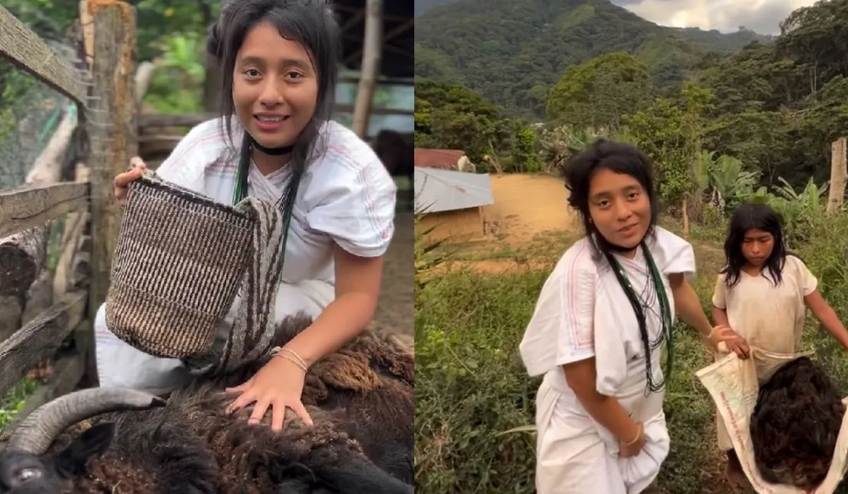 La joven indígena mostró el proceso de elaboración de la mochila arhuaca.