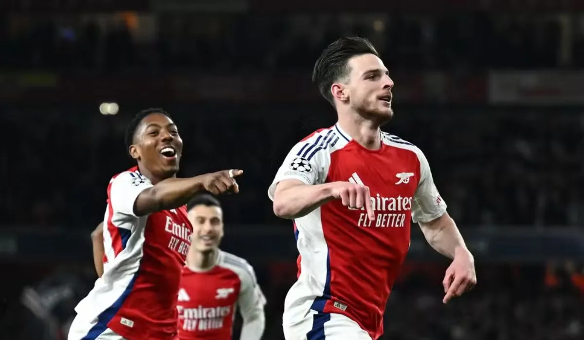 Rice celebra el gol del Arsenal contra el Real Madrid en la Champions League