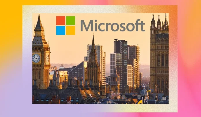 El logo de Microsoft sobre un fondo de circuitos de computadora iluminados, simbolizando la avanzada inversión en inteligencia artificial y la infraestructura digital en el Reino Unido.