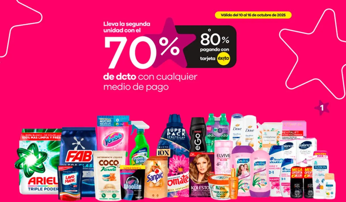 Hasta 80% de descuento en la segunda unidad pagando con Tarjeta Éxito