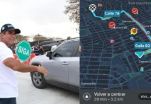 Captura de pantalla de la aplicación Waze que muestra una ruta congestionada en Barranquilla, indicando un tiempo de 29 minutos para 3.2 km.