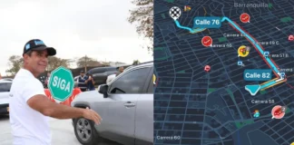 Captura de pantalla de la aplicación Waze que muestra una ruta congestionada en Barranquilla, indicando un tiempo de 29 minutos para 3.2 km.